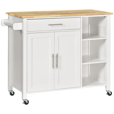 HOMCOM Versatile Valet: Wooden Rolling Kitchen Island with 360° Swivel Wheels, Dining Cart with Drawer, White Finish 