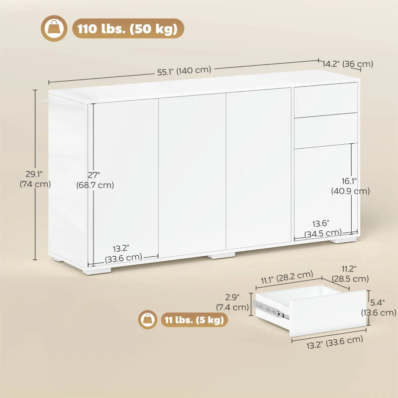 Kitchen Sideboard Storage Cabinet, Modern Coffee Bar Cabinet with Push-Open Design and 2 Drawers, Adjustable Shelving for Living Room, White