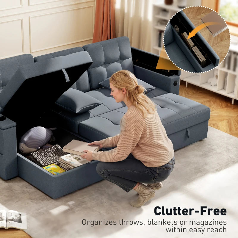 Convertible Sectional Sofa Bed, Pull Out Sleeper Sofa Couch with USB‑A+C, Chaise Storage, L-Shaped Futon Couch, Dark Grey