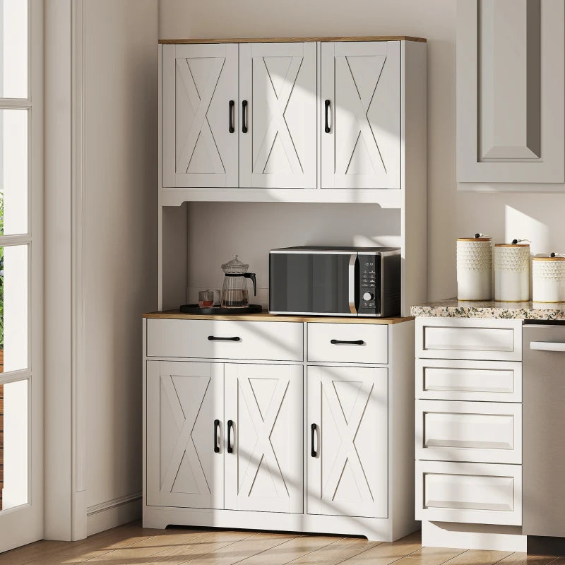 Tall Kitchen Pantry, 6 Doors, 2 Drawers, Adjustable Shelves & Worktop, Rustic Storage Cabinet for Living Room White