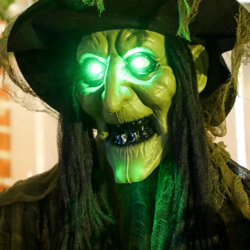 Outsunny Animated Hanging Witch – Voice-Activated, Flashing Eyes & Wicked Laughter, Green Halloween Prop 
