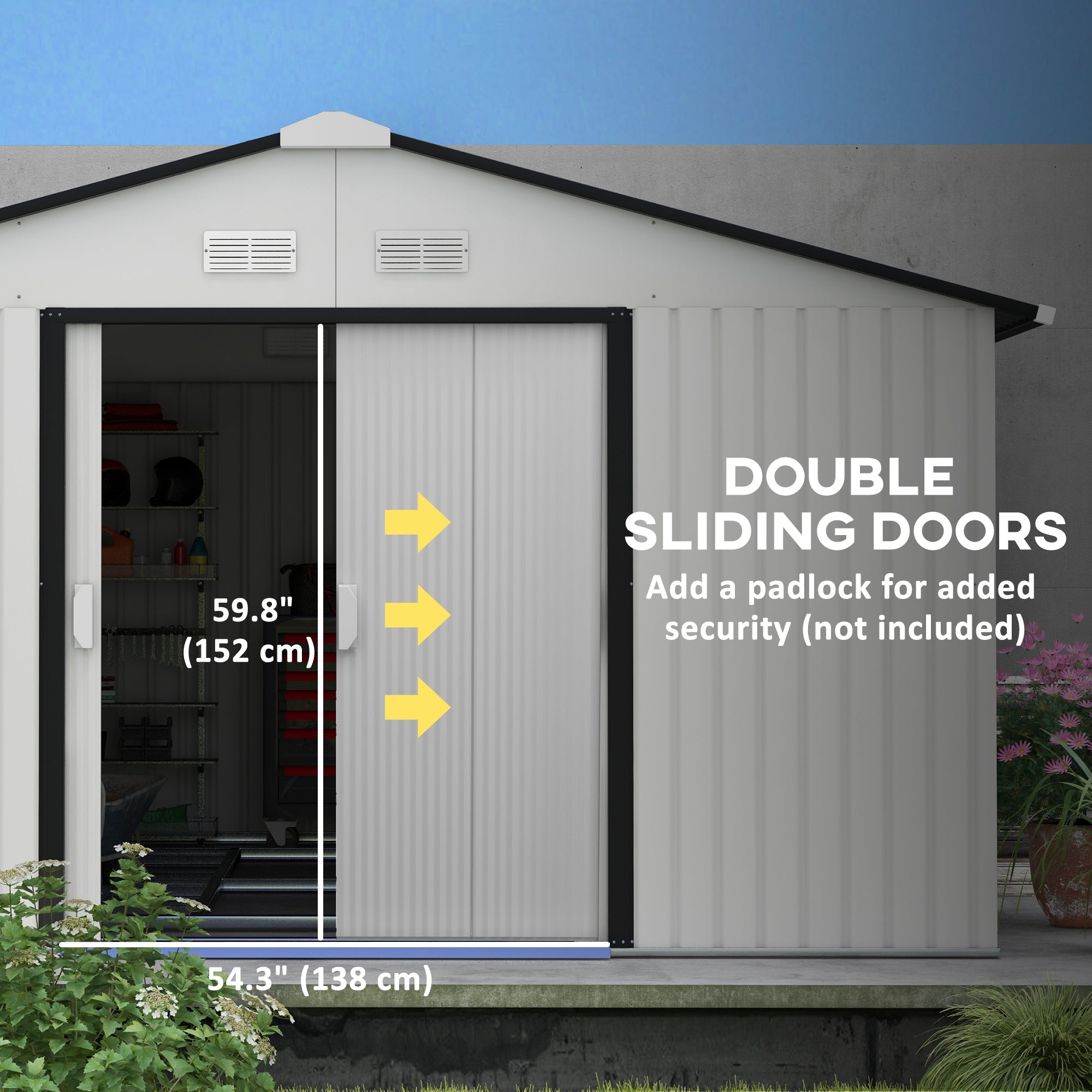 Outsunny 11' x 13' Garden Storage Shed w/ Foundation Kit Metal Tool Storage House w/ Double Doors White 