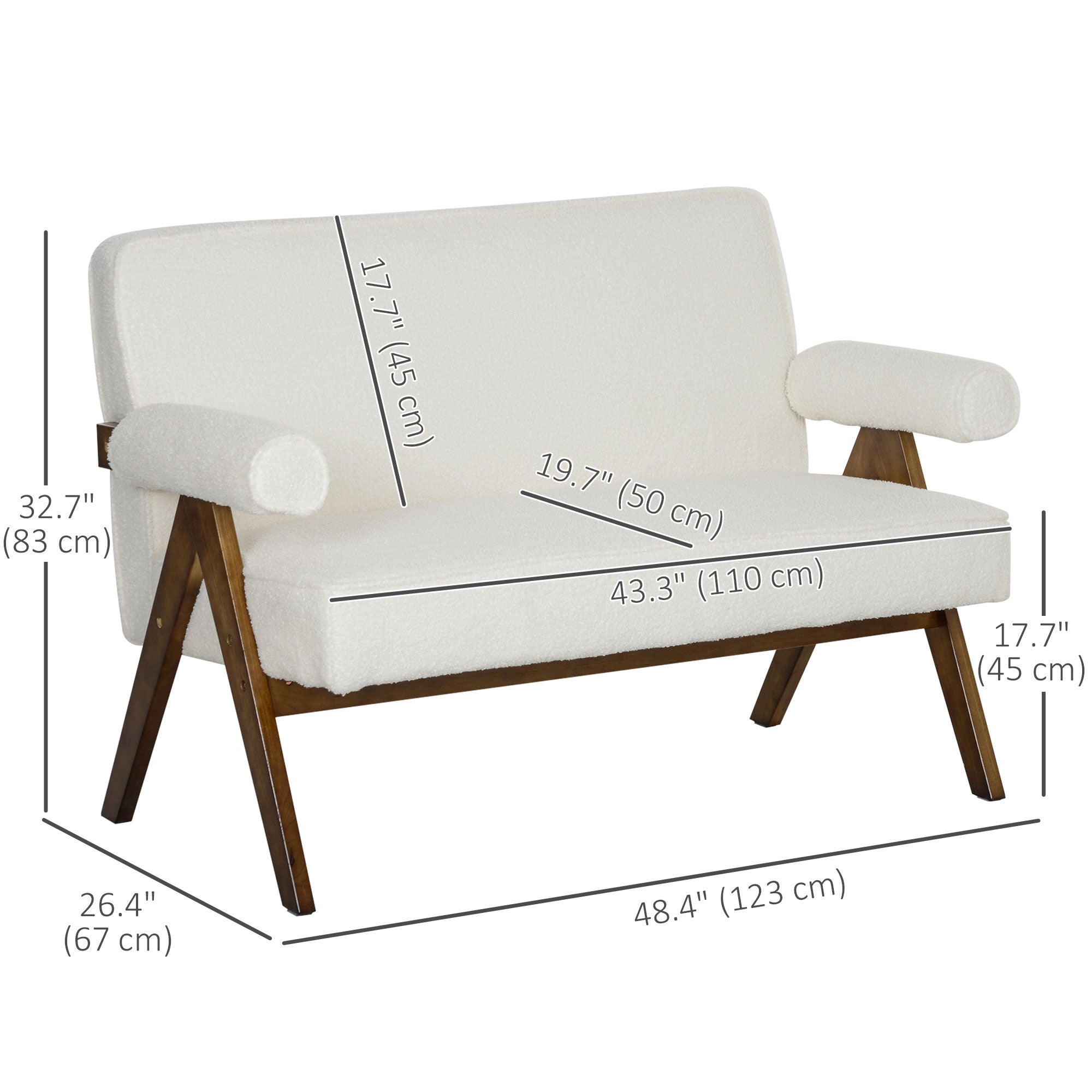 HOMCOM Boucle Fabric 2 Seater Sofa, Small Sofa Loveseat with Thick Padding and Wood Legs, Cream White 