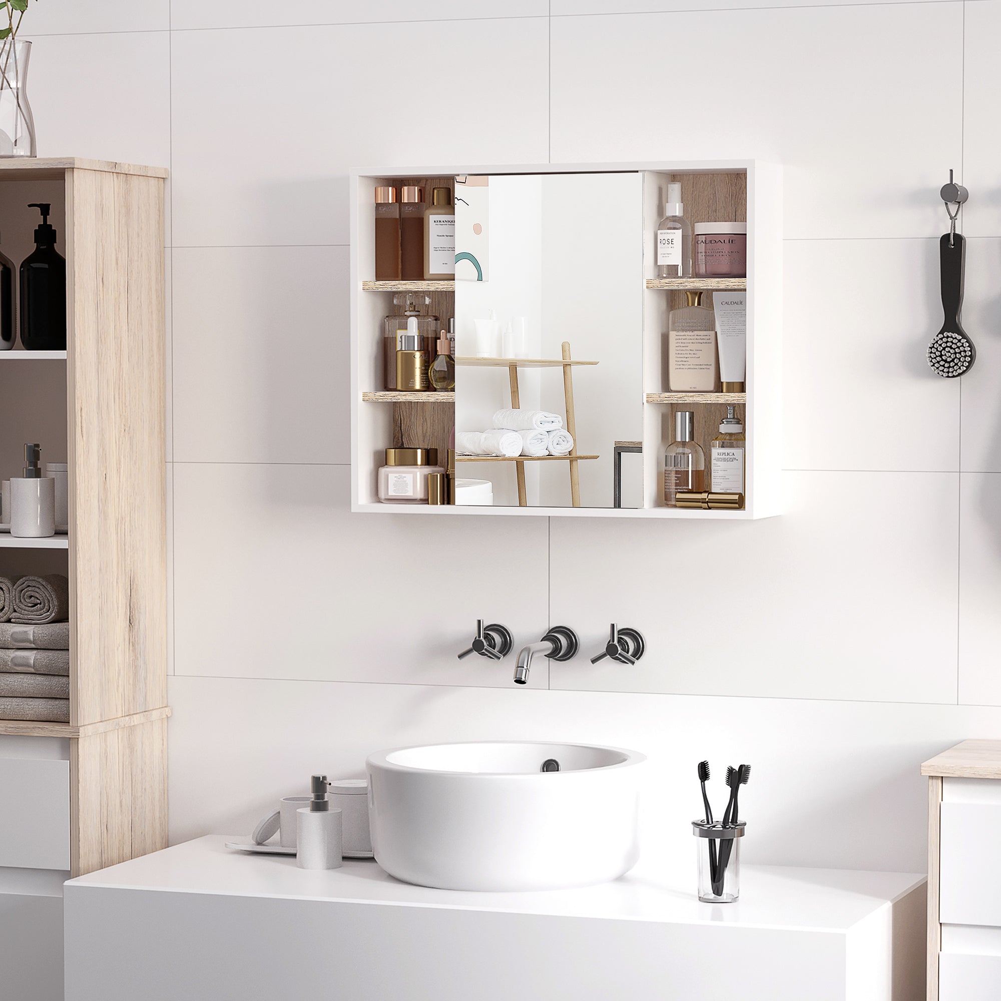HOMCOM White Oak Over Toilet Cabinet: Wall Mounted Bathroom Storage with Mirrored Door for Organized Essentials 