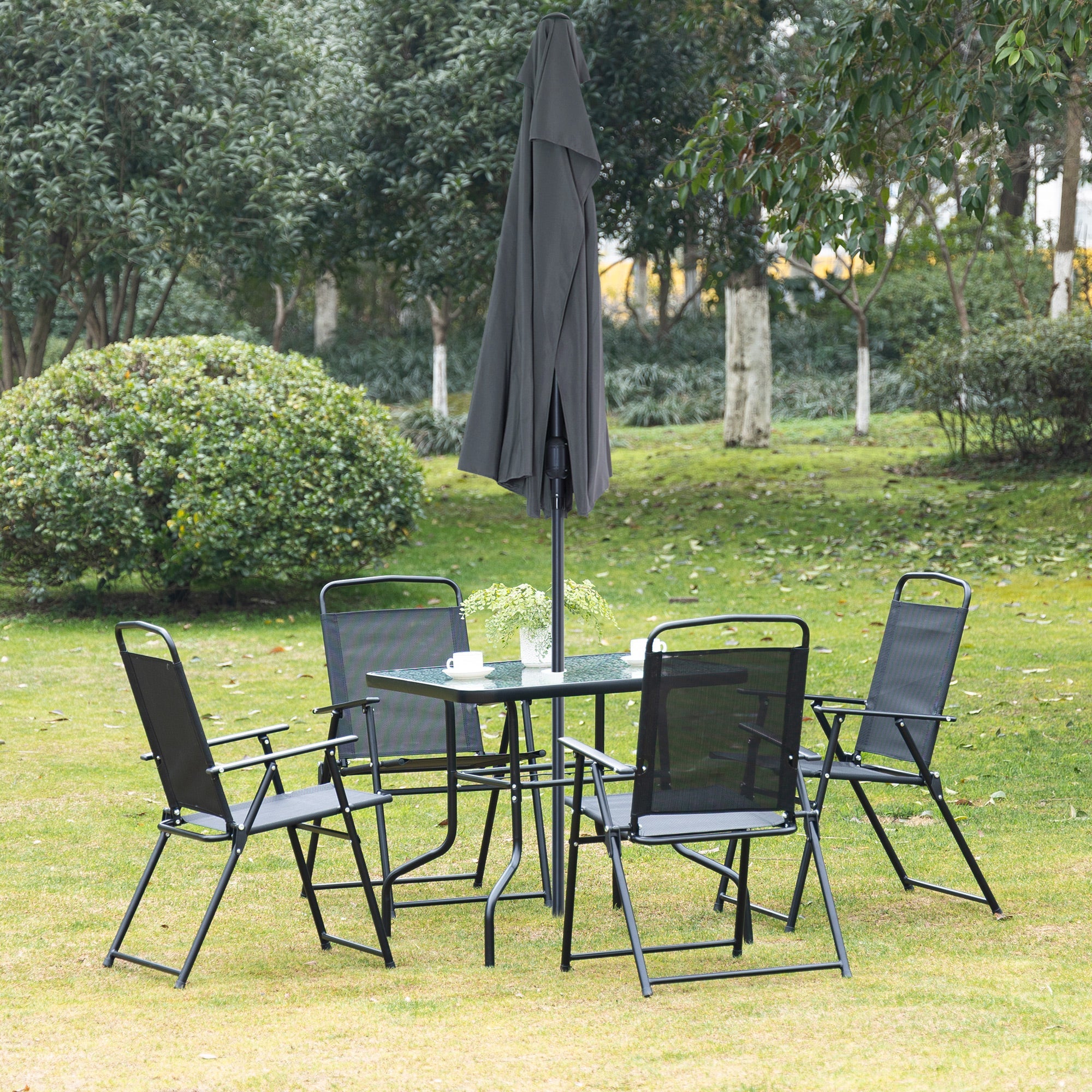 Outsunny 5 Pieces Patio Table and Chairs, Outdoor Dining Set with 4 Folding Chairs, Glass Tabletop and Parasol Hole, Black 