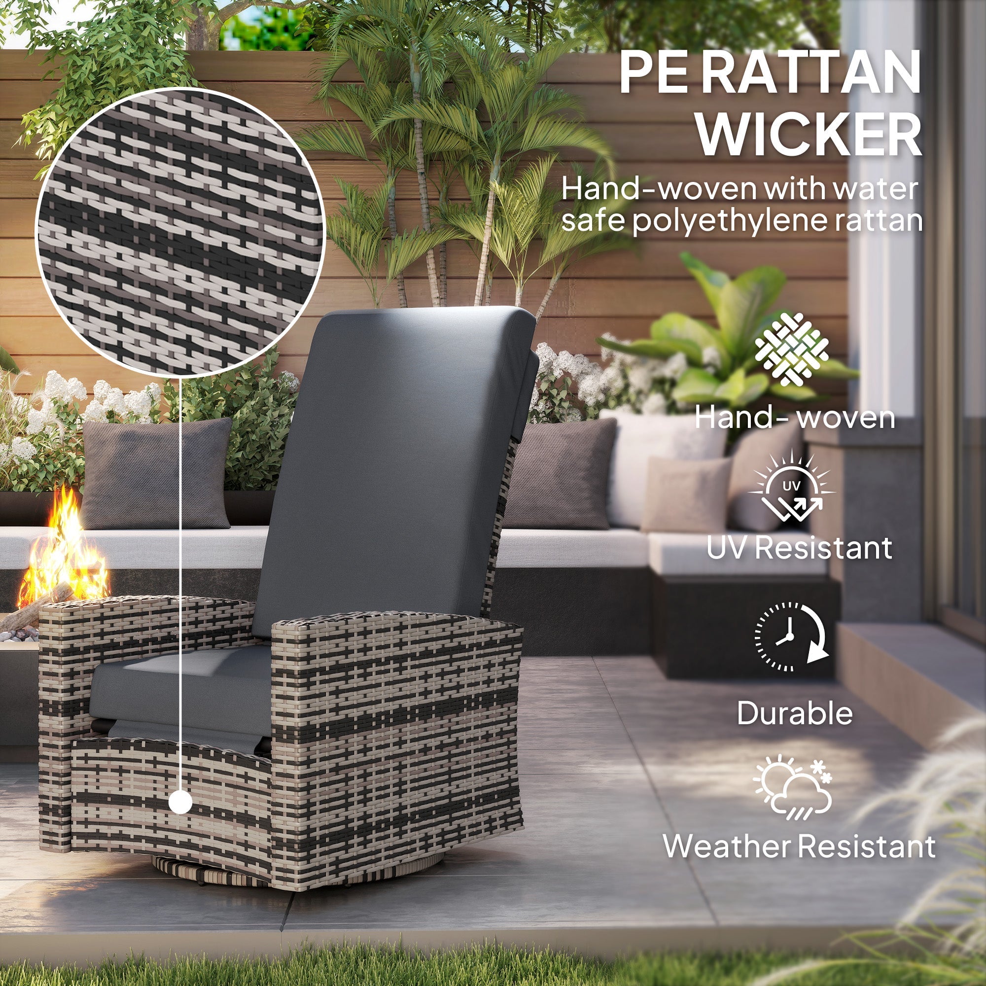 Outsunny Outdoor Rattan Wicker Lounge Chair with Footrest & Soft Cushion for Patio, Garden, Backyard, Grey 