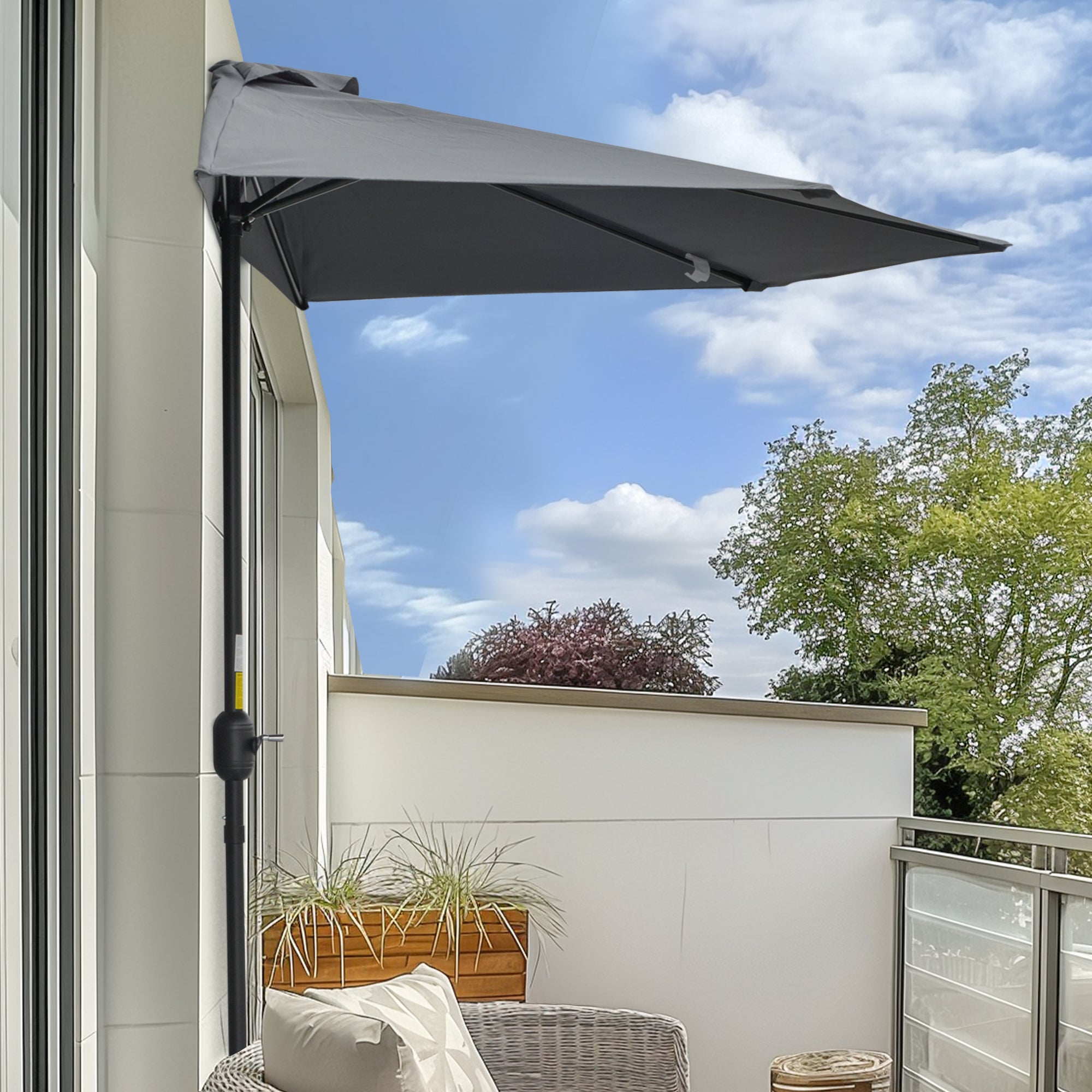Outsunny Patio Parasol: 9.8ft Semi Round Garden Balcony Crank Handle Grey 