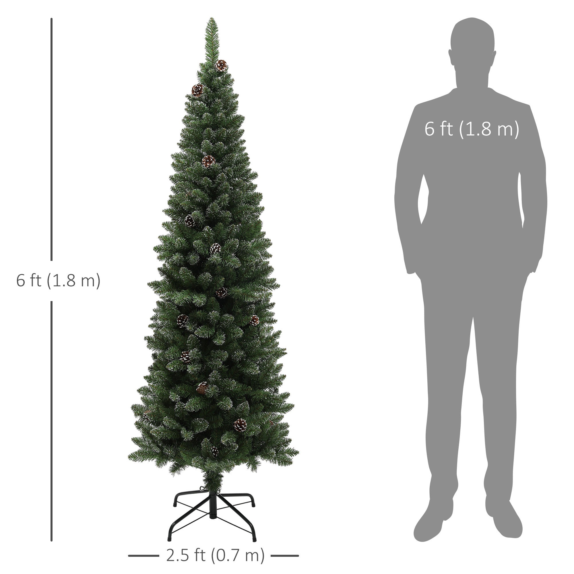 HOMCOM 6ft Artificial Pencil Christmas Tree with 618 Branches, Pinecones, Metal Stand, Realistic Xmas Tree for Home 