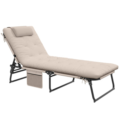 Outsunny Breathable Bliss: Folding Lounge Chair with Reclining Back, Cushioned Mesh Fabric, Side Pocket, and Headrest, Beige 