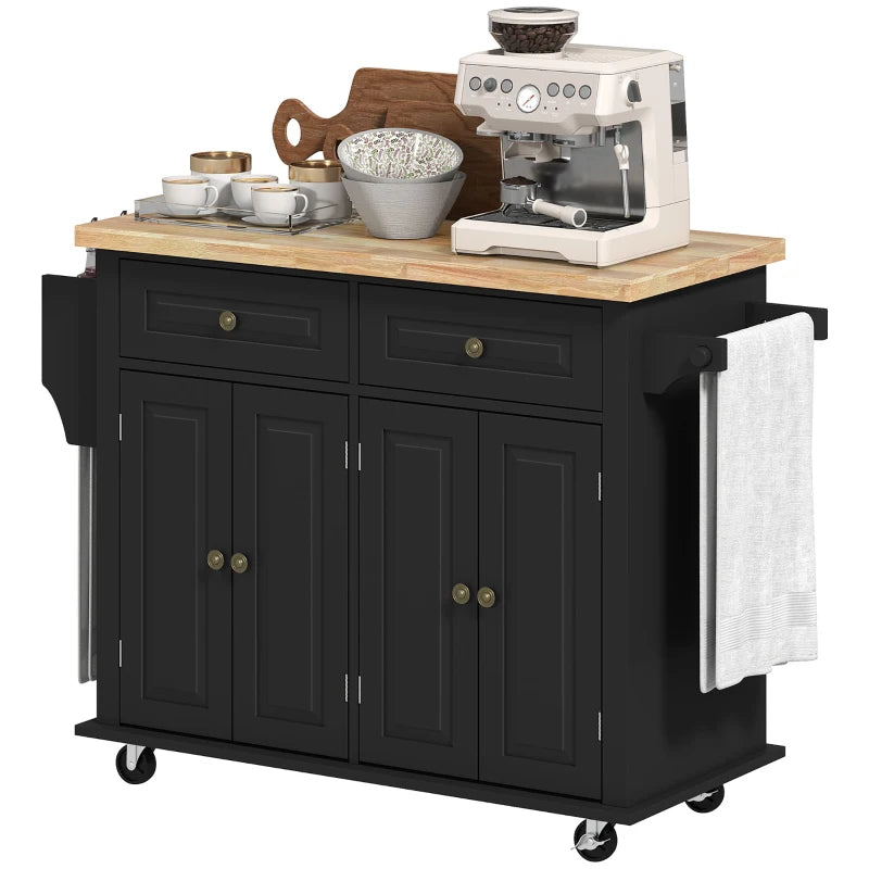 Rolling Kitchen Island with Rubber Wood Top and Storage, Spice Rack, Towel Rack, Black