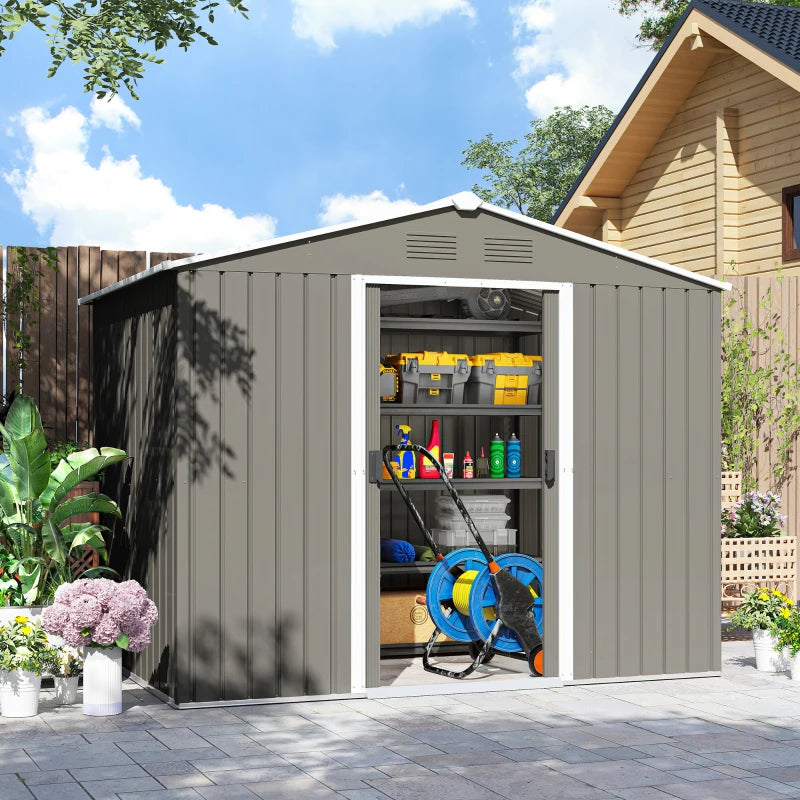 8' x 6' Outdoor Storage Shed, Metal Garden Tool Storage House with Lockable Sliding Doors and Vents for Backyard Patio Lawn, Light Grey