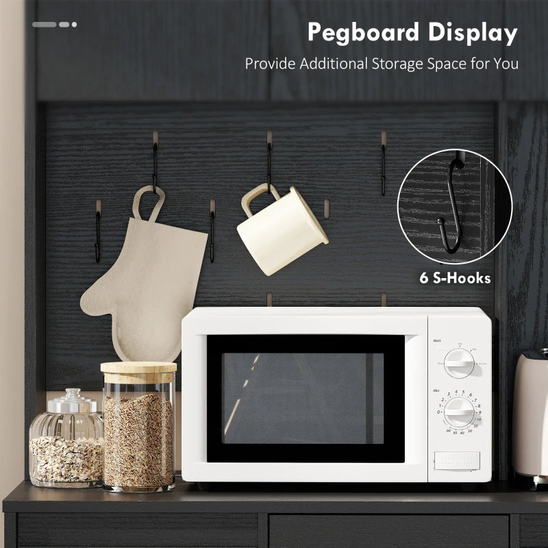 71" Pantry Cabinet with Charging Station, Kitchen Storage Cabinet with Microwave Stand, Pegboard, 6 S-hooks, Black