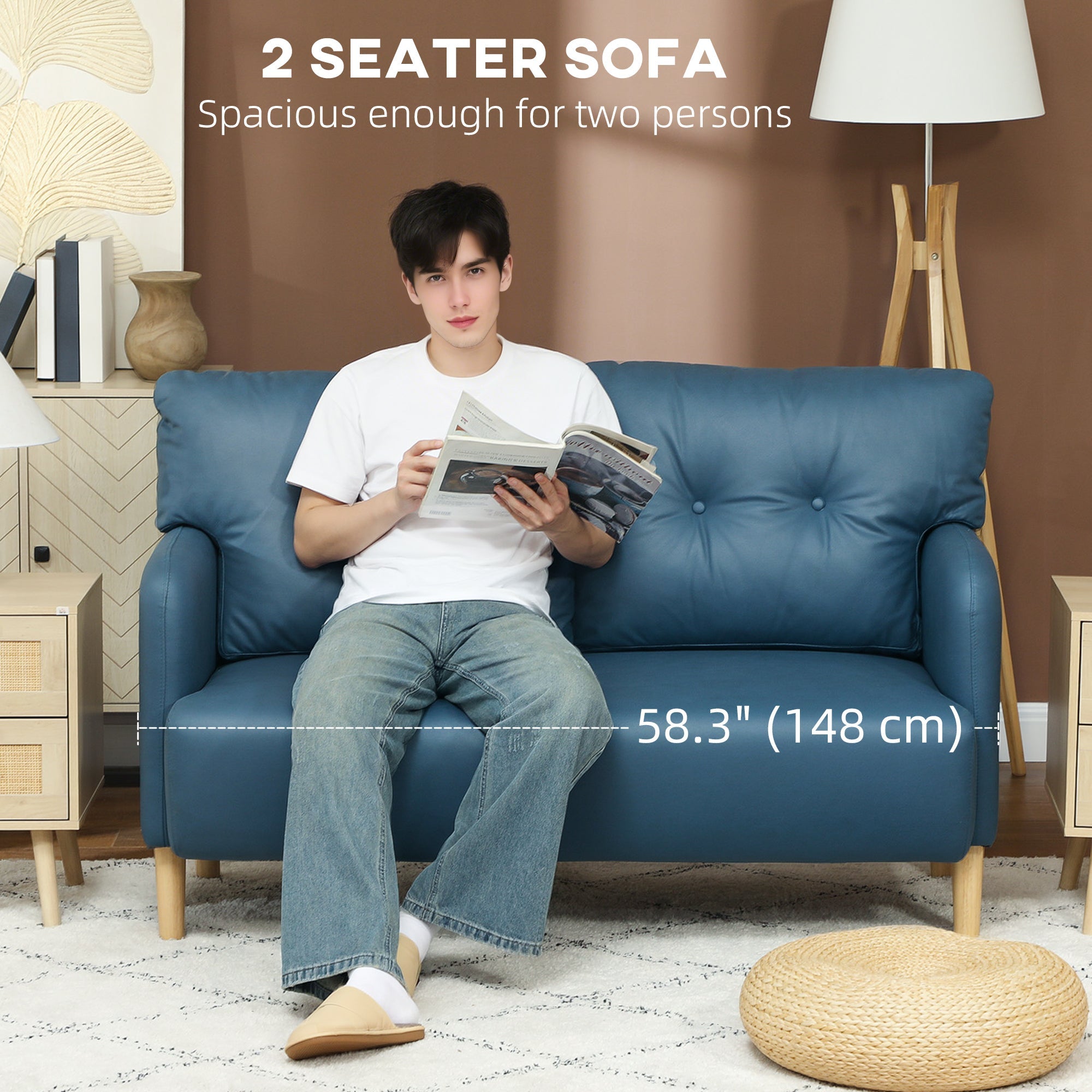 HOMCOM 58" 2 Seat Sofa, Modern Love Seats Furniture, Upholstered 2 Seater Couch, Solid Wood Frame, Navy Blue 