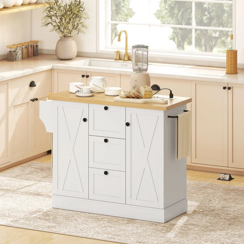 Farmhouse Kitchen Island Cart with Power Outlet and Soft-Close Doors, 49" Kitchen Island with 3 Drawers, White