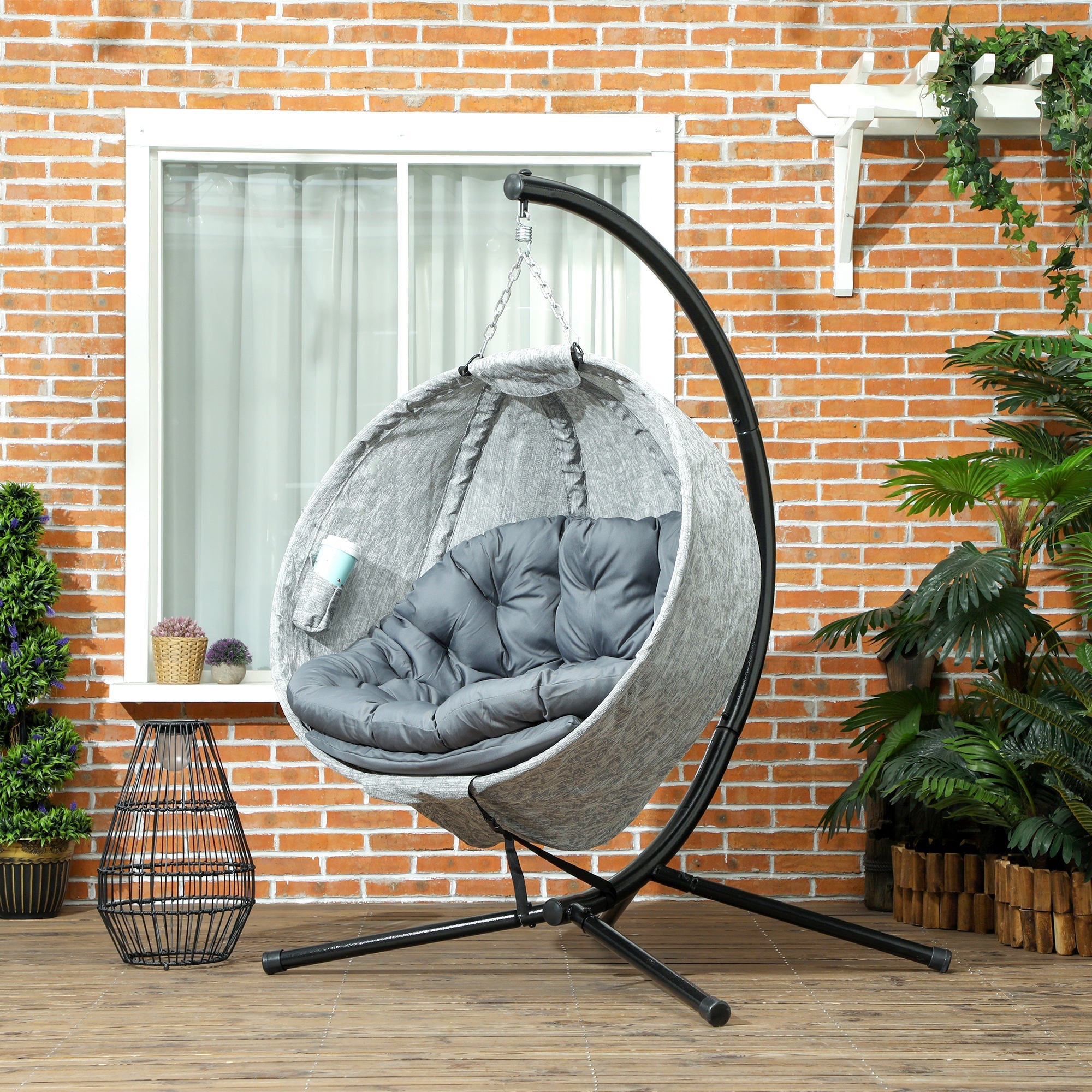 Outsunny Egg Chair with Folding Basket, Outdoor Indoor Hanging Swing Chair with Stand, Cushions for Patio, Balcony, Grey 