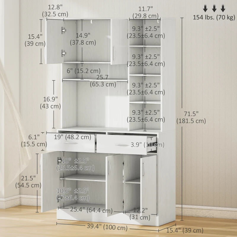 71" Kitchen Hutch with Storage Cabinet, Modern Buffet with Hutch, Cupboard with Drawers for Living Dining Room, Ash White