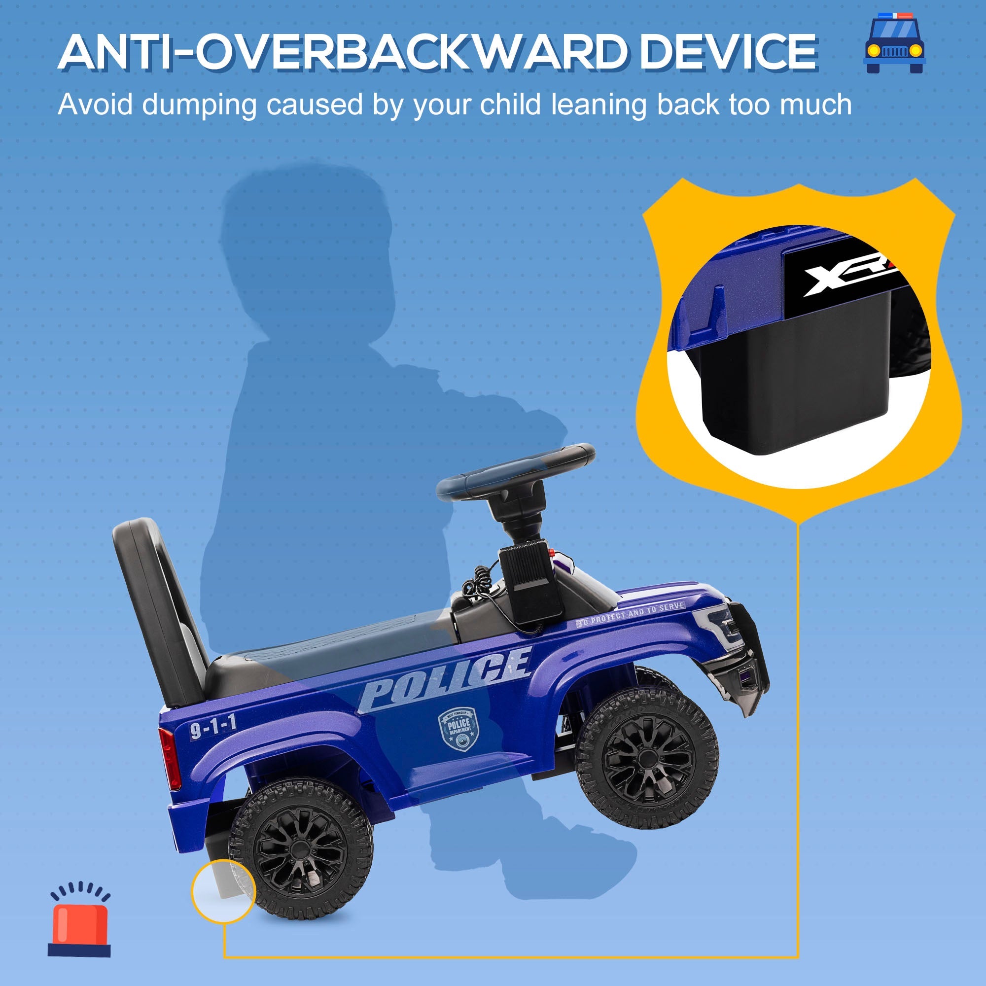 Aosom Kids Ride On Police Car Sliding Vehicle with Under Seat Storage Megaphone Anti-Tip Blue 