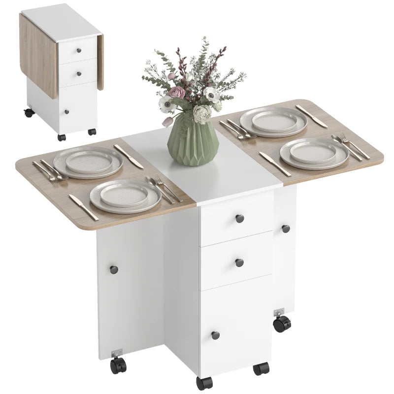 Drop Leaf Dining Table, Mobile Folding Table on Wheels with Drawers and Cabinet for Dining Room, Kitchen, White and Oak