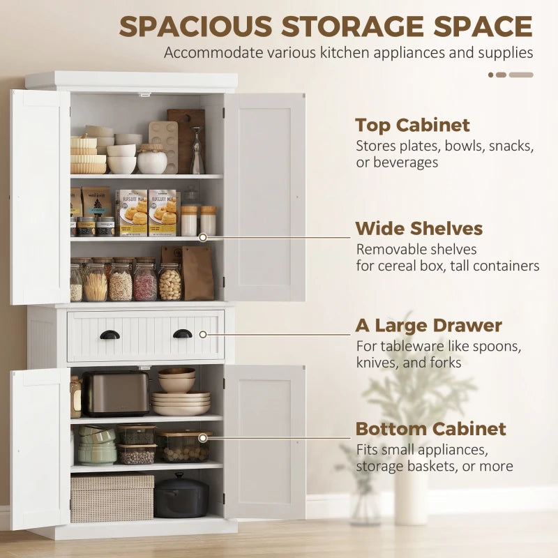 HOMCOM 72" Kitchen Pantry Cabinet with Drawer & Adjustable Shelves, Freestanding Storage Cabinet with Doors, White