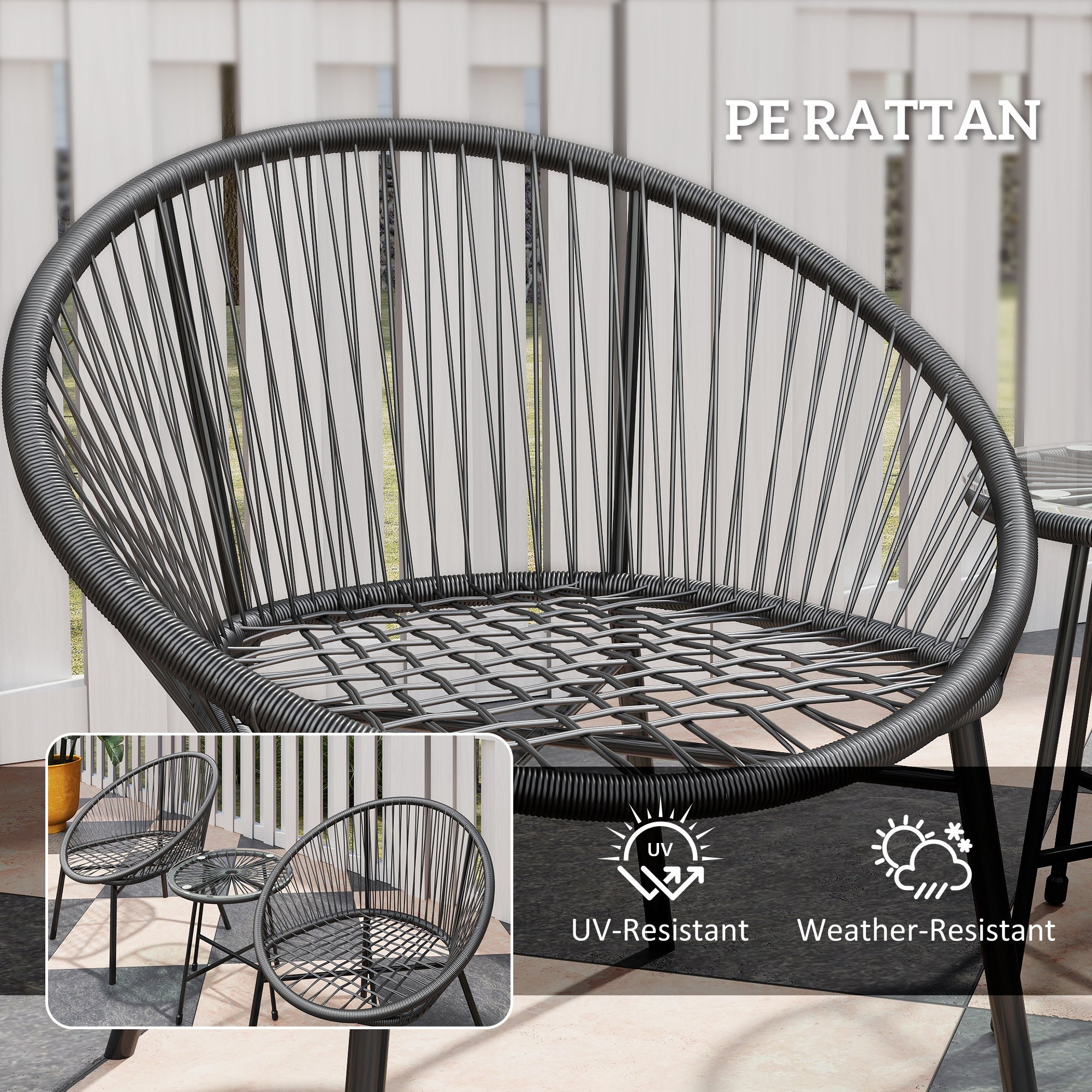 Outsunny 3 Piece Wicker Patio Furniture Set with Soft Seat Cushions, Tempered Glass Tabletop, Bistro Set for Garden, Black 