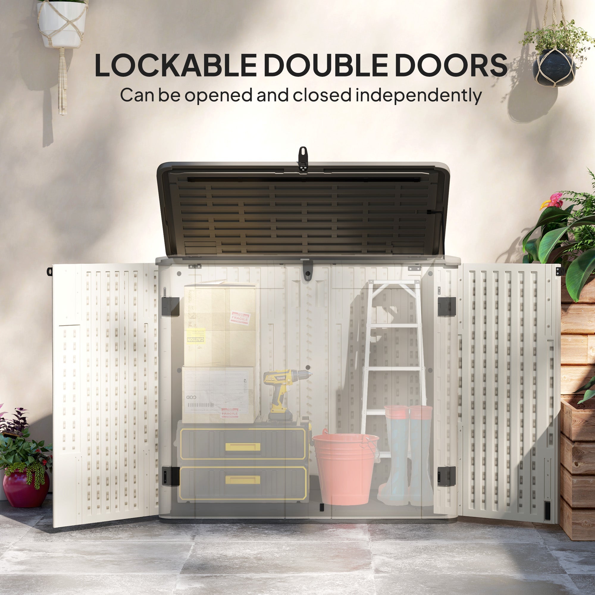 Outsunny 185 Gallon Outdoor Storage Cabinet with Openable Top and Lockable Doors for Lawnmower, Trash Can, Patio Accessories 