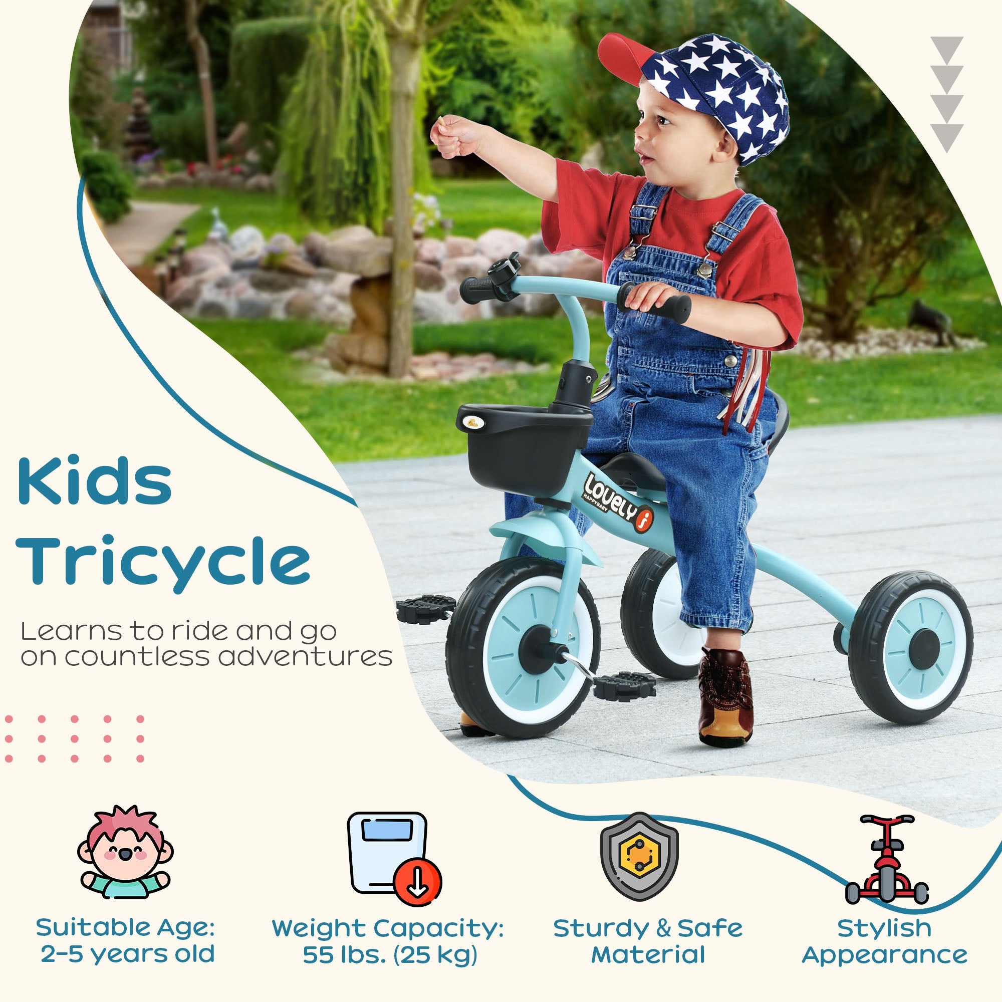 Qaba Kids Tricycle: Adjustable Seat 2-5 Years, Basket, Bell, for Girls/Boys, Blue, Toddler Trike 