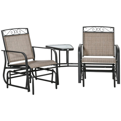 Outsunny Outdoor Glider Bench with Coffee Table, Patio 2-Seat Rocking Chair Swing Loveseat with Breathable Sling, Brown 
