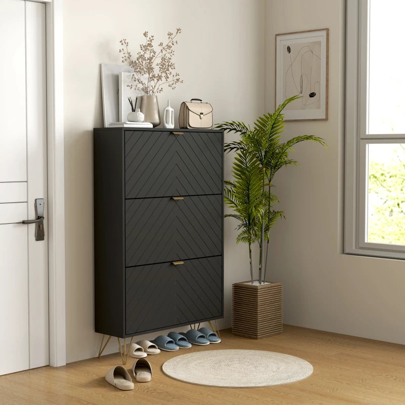 Modern Shoe Storage Cabinet with 3 Flip Drawers for 18 Pairs, Narrow Shoe Organizer for Entryway, Hallway, Black