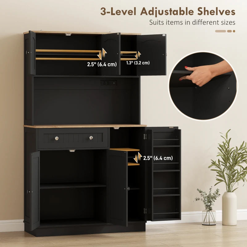 68" Pantry Cabinet with Charging Station, Kitchen Storage Cabinet with Microwave Stand, 4 Door Racks, Black