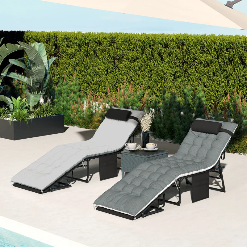 Outdoor Lounge Chair Set of 2, Folding Chaise Lounge Tanning Chair with Cushion, Side Pocket, Black/Grey