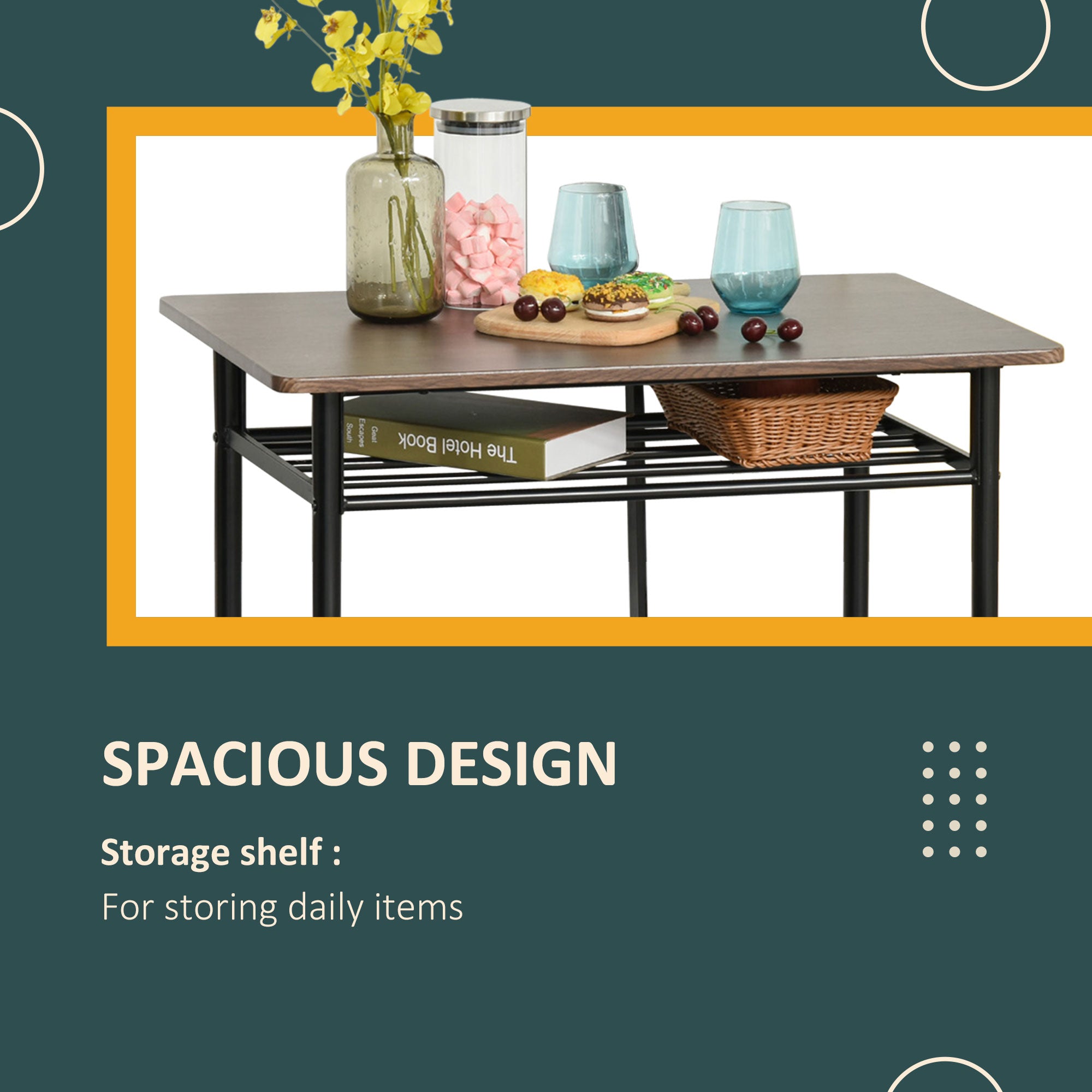 HOMCOM Bar Height Dining Set 3 Piece with Storage Shelf Metal Frame Footrest 1 Table 2 Stools for Kitchen Black 