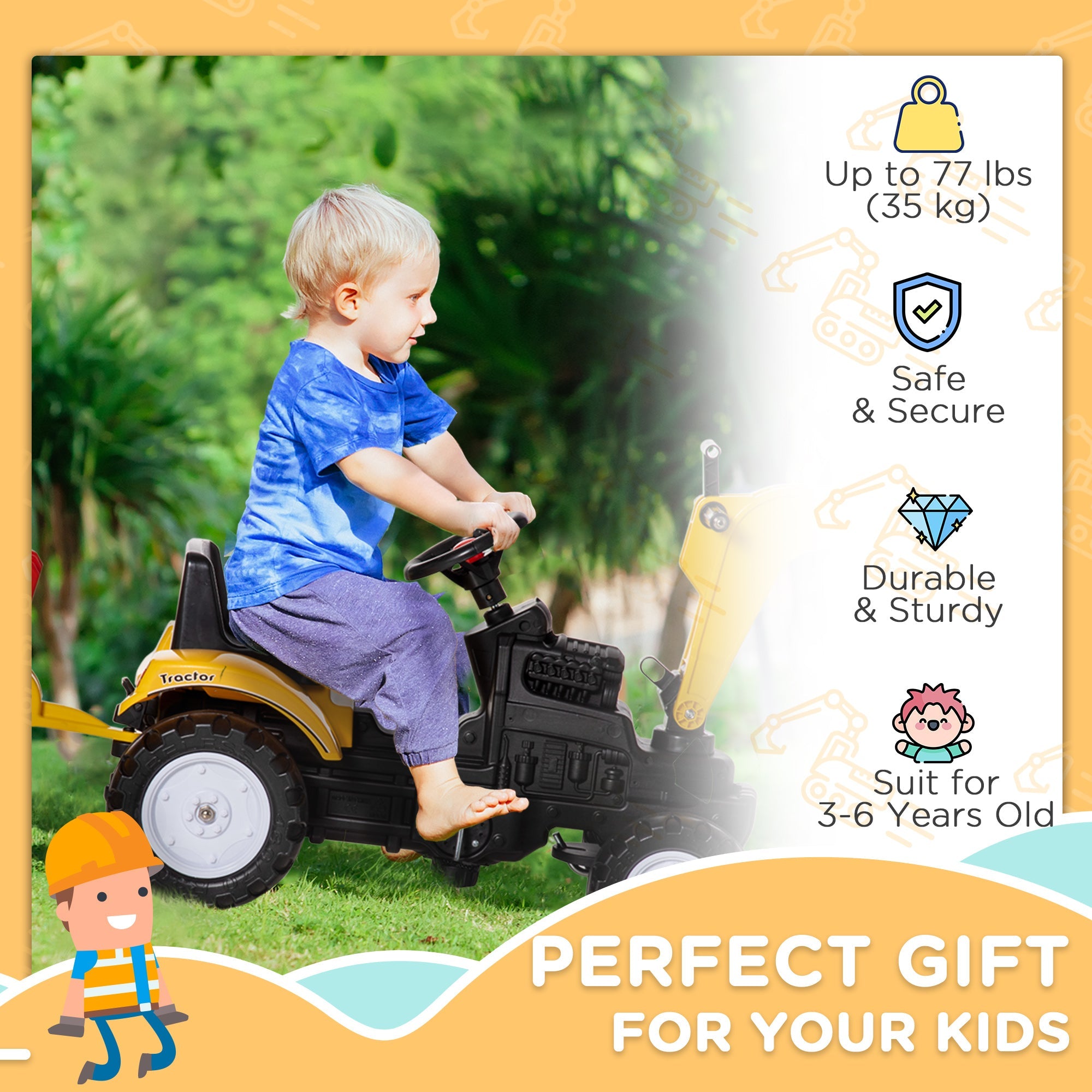 Aosom Yellow Ride-On Pedal Digger Construction Car with Horn Detachable Trailer Kids Toy Vehicle 