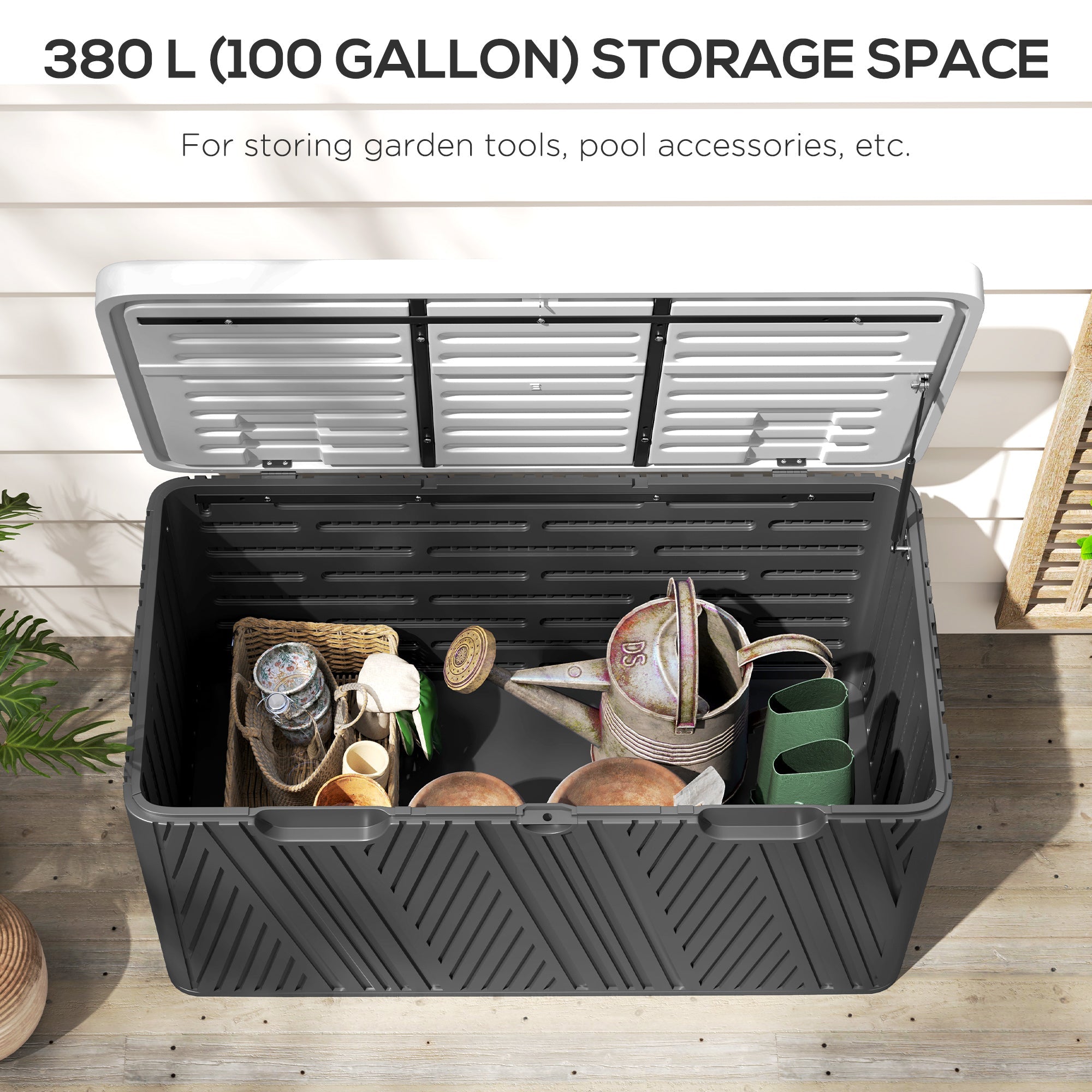 Outsunny 100 Gallon Wood Effect HDPE Outdoor Storage Box, Waterproof and Lockable Deck Box for Garden Tools and Pool Accessories 