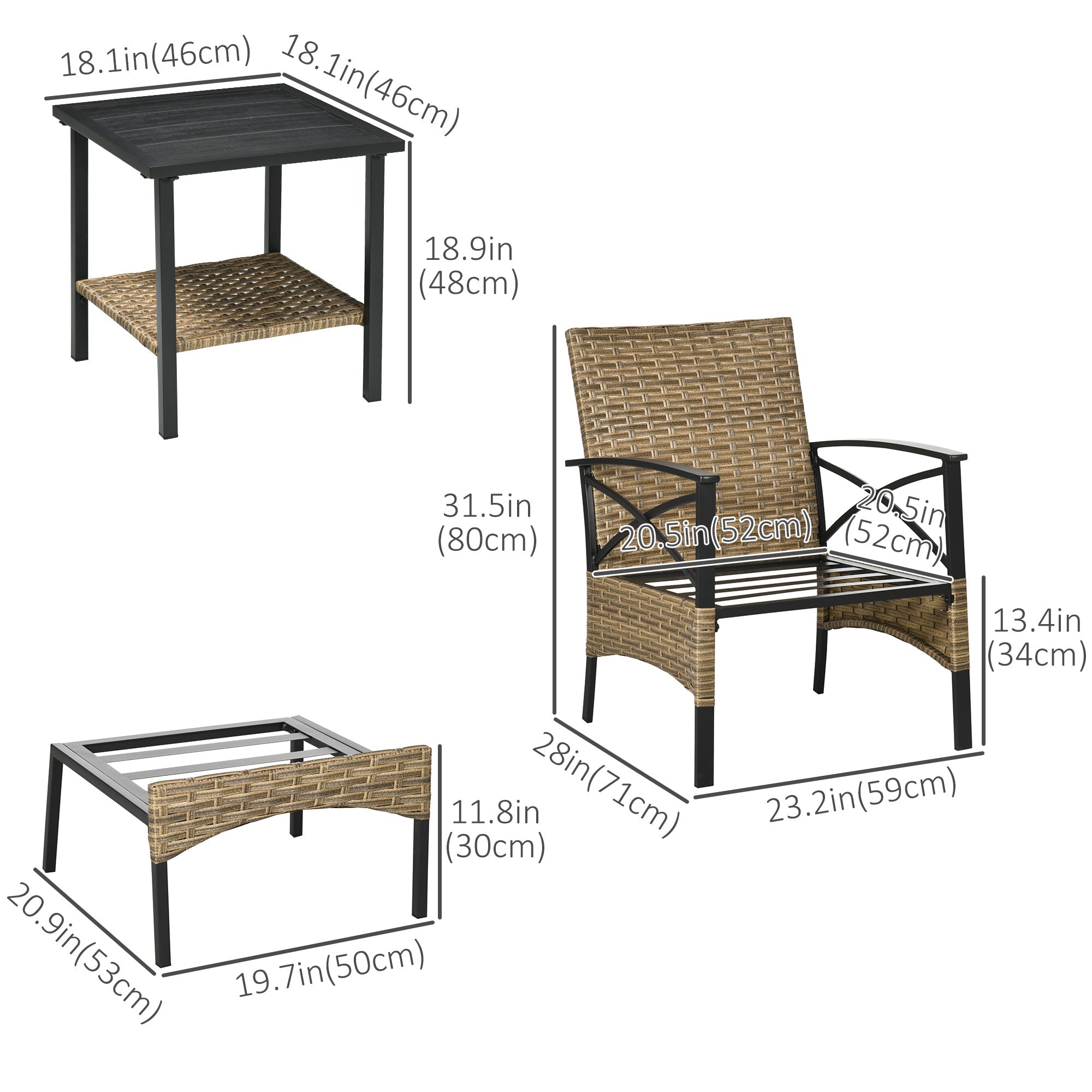 Outsunny Garden Furniture Set 5PC Rattan with Armchairs Stools & Steel Tabletop Khaki 