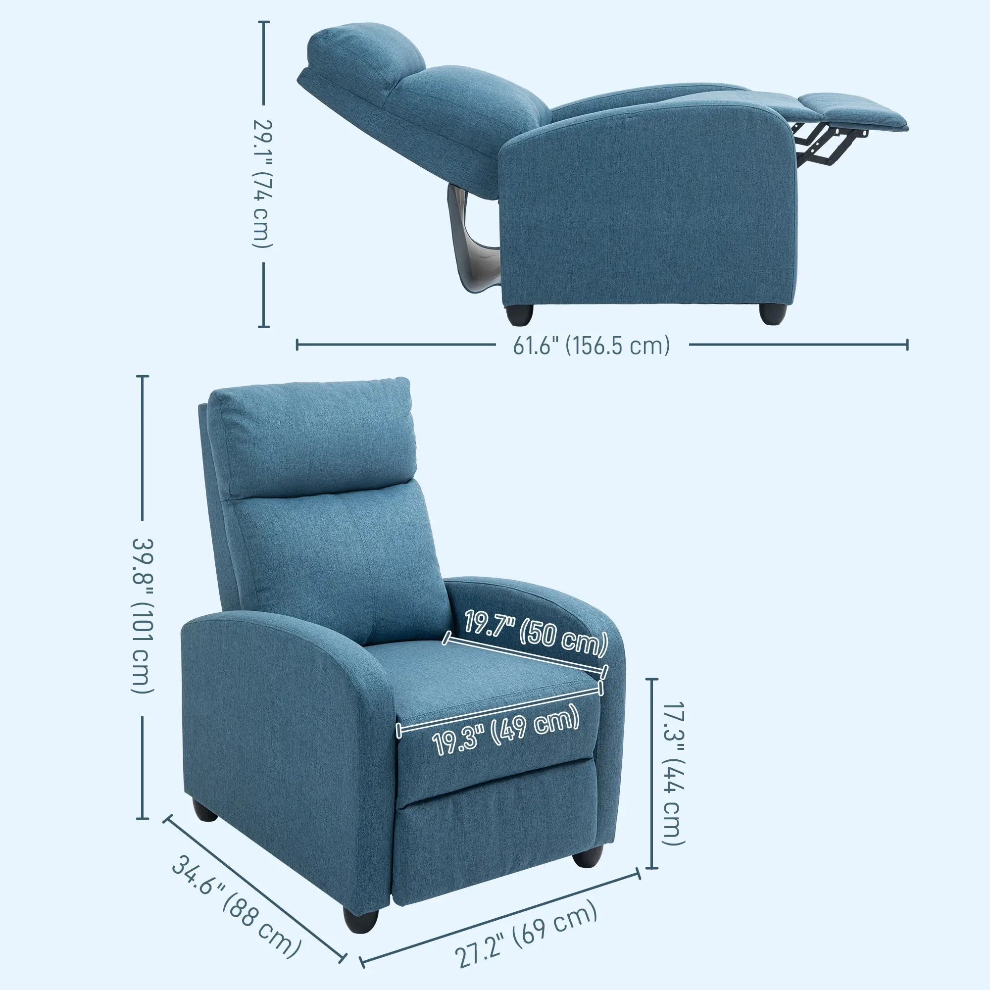 HOMCOM Fabric Recliner Chair Manual Home Theater Seating Single Reclining Sofa Chair with Padded Seat for Living Room, Blue 