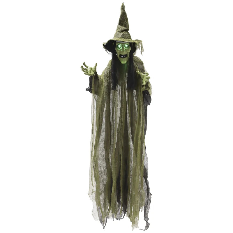 Outsunny Animated Hanging Witch – Voice-Activated, Flashing Eyes & Wicked Laughter, Green Halloween Prop 