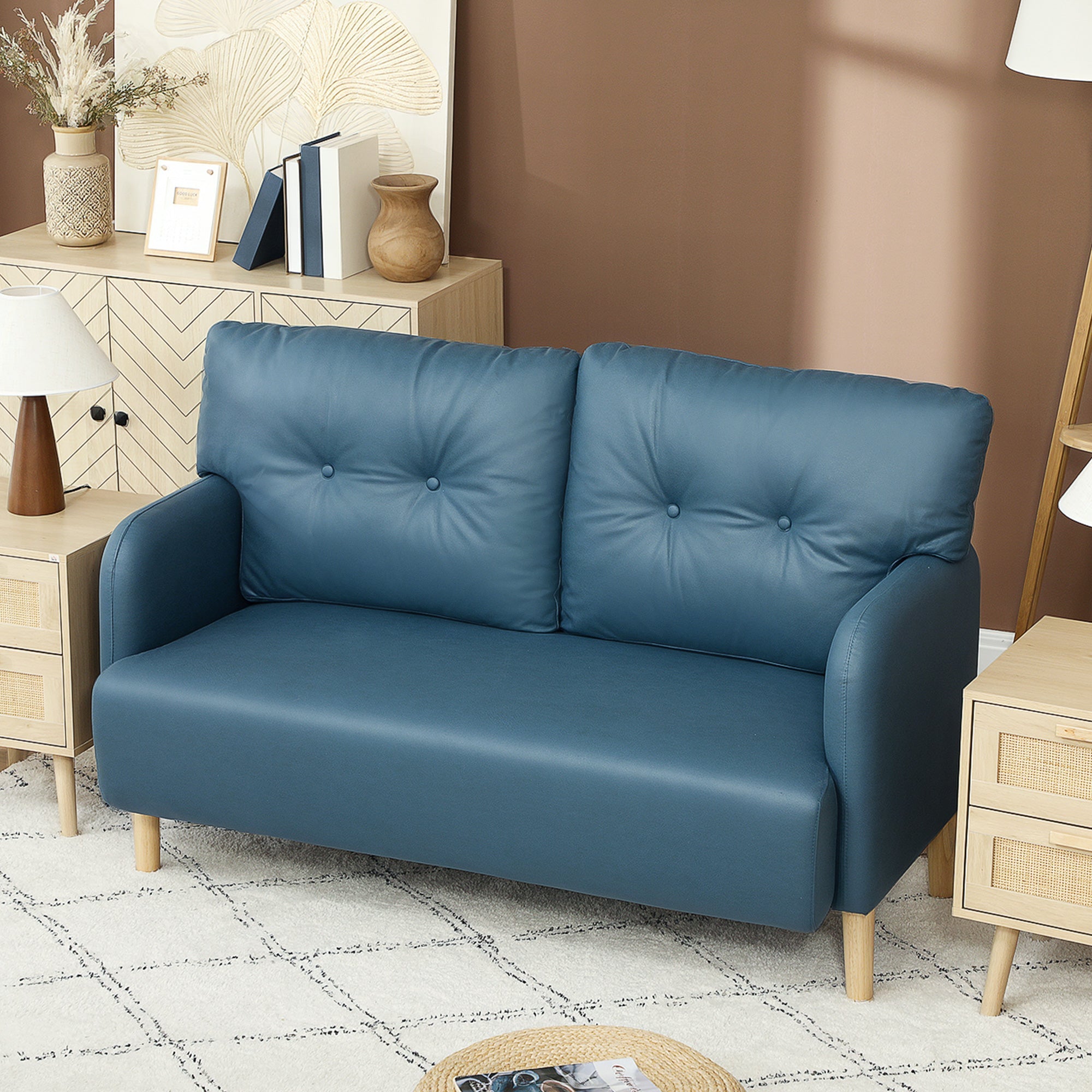 HOMCOM 58" 2 Seat Sofa, Modern Love Seats Furniture, Upholstered 2 Seater Couch, Solid Wood Frame, Navy Blue 