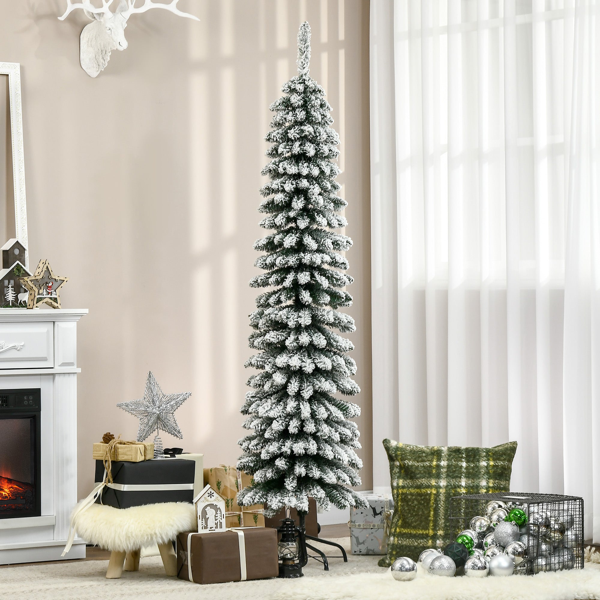 HOMCOM 6 Ft Snow-Flocked Artificial Christmas Tree, Slim Pencil Xmas Tree with Realistic Branches, Metal Base, Green 