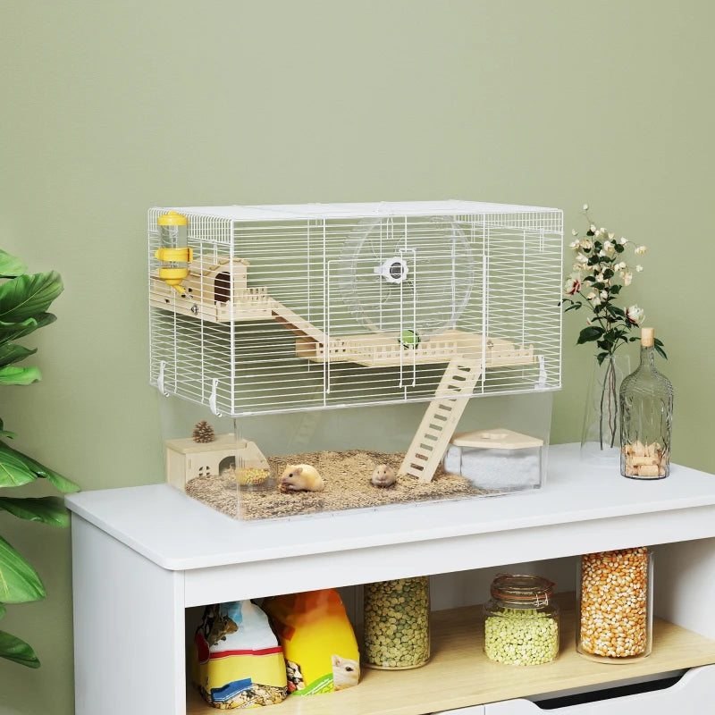 Hamster Cage with Deep Bottom, Wooden Ramp, Hut, Bathroom and Exercise Wheel for Hamster and Gerbil, White