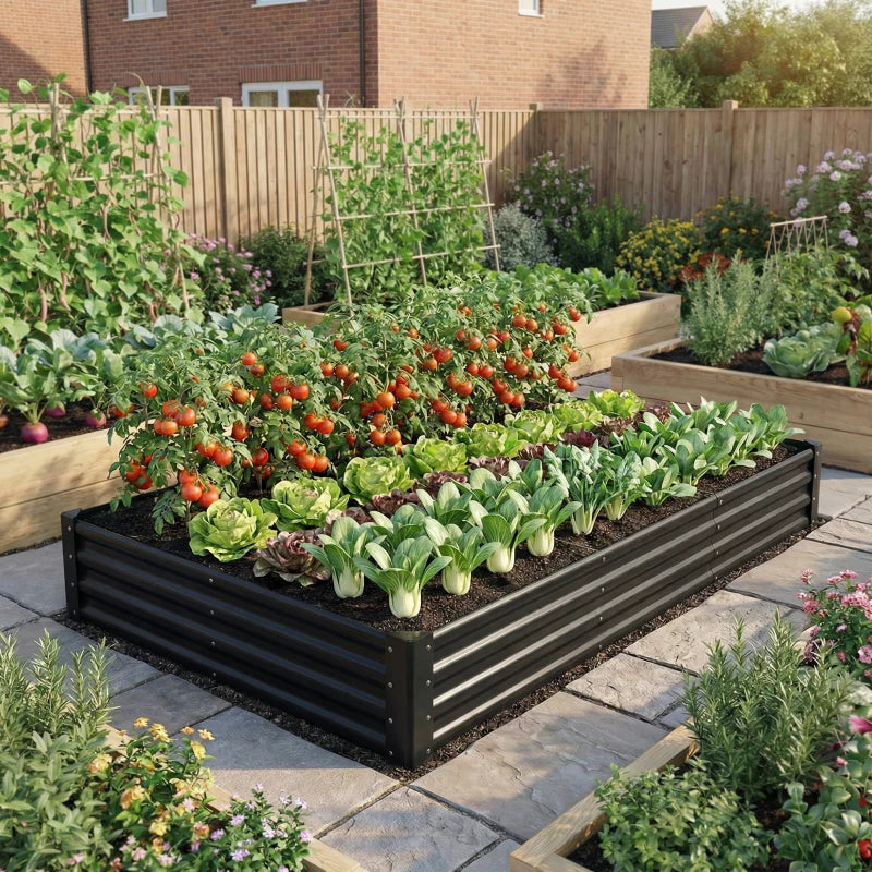 8 x 4 x 1ft Galvanized Raised Garden Bed, Reinforced Outdoor Planter Box with Open Bottom, Black