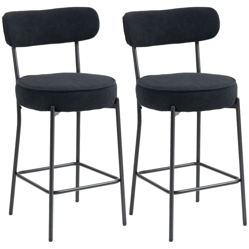 Set of 2 Barstools, Upholstered Corduroy Bar Stools with Backrest, Footrest for Kitchen Island, Dining Room, Black