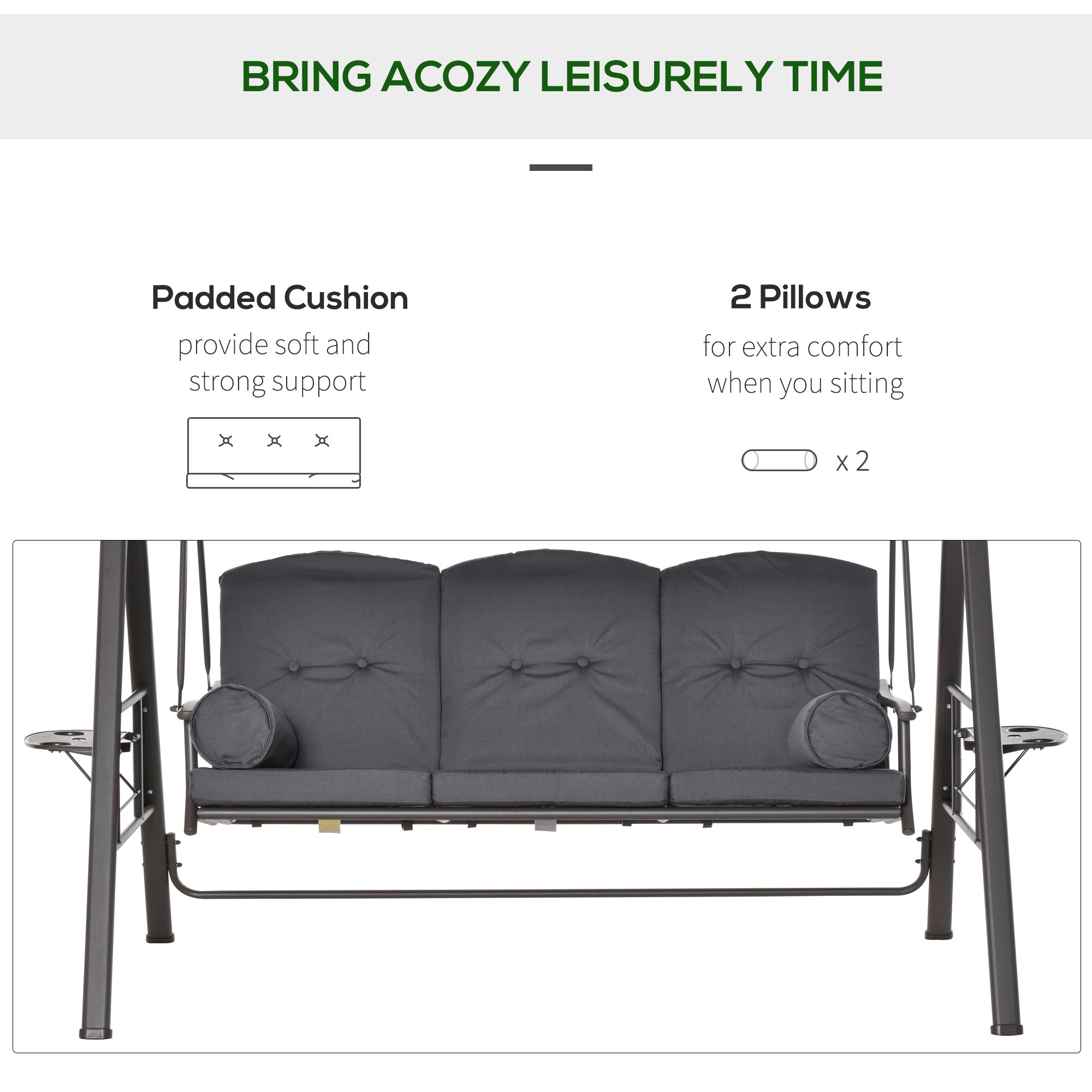 Outsunny Outdoor Patio 3-Person Steel Canopy Cushioned Seat Bench Swing with Included Side Trays & Padded Comfort, Dark Grey 