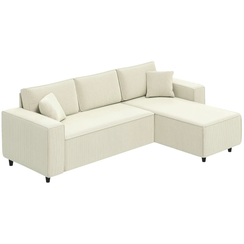 Corner Sofa with Changeable Chaise, Corduroy L-Shaped Sectional Sofa with Pocket Spring, 2 Pillows, Cream White