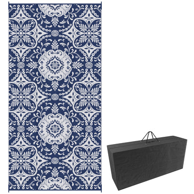 Outsunny 9' x 18' Portable Outdoor Rug Reversible Waterproof Mat with Carry Bag for RV Backyard Deck Blue White Flower 
