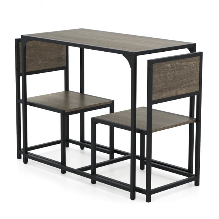 3 Pieces Dining Set Compact Table and 2 Chair with Metal Frame for Small Space-Oak