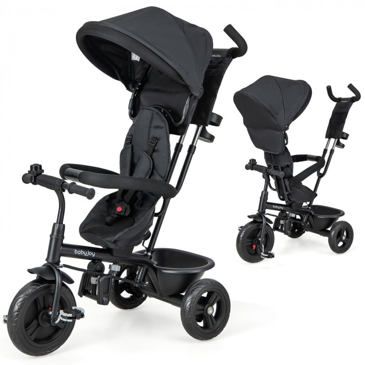 4-in-1 Baby Trike Kids Tricycle with Removable Canopy and Adjustable Push Handle-Grey