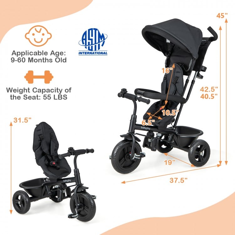 4-in-1 Baby Trike Kids Tricycle with Removable Canopy and Adjustable Push Handle-Grey