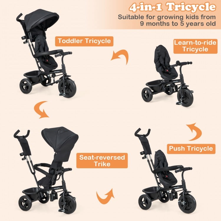 4-in-1 Baby Trike Kids Tricycle with Removable Canopy and Adjustable Push Handle-Grey
