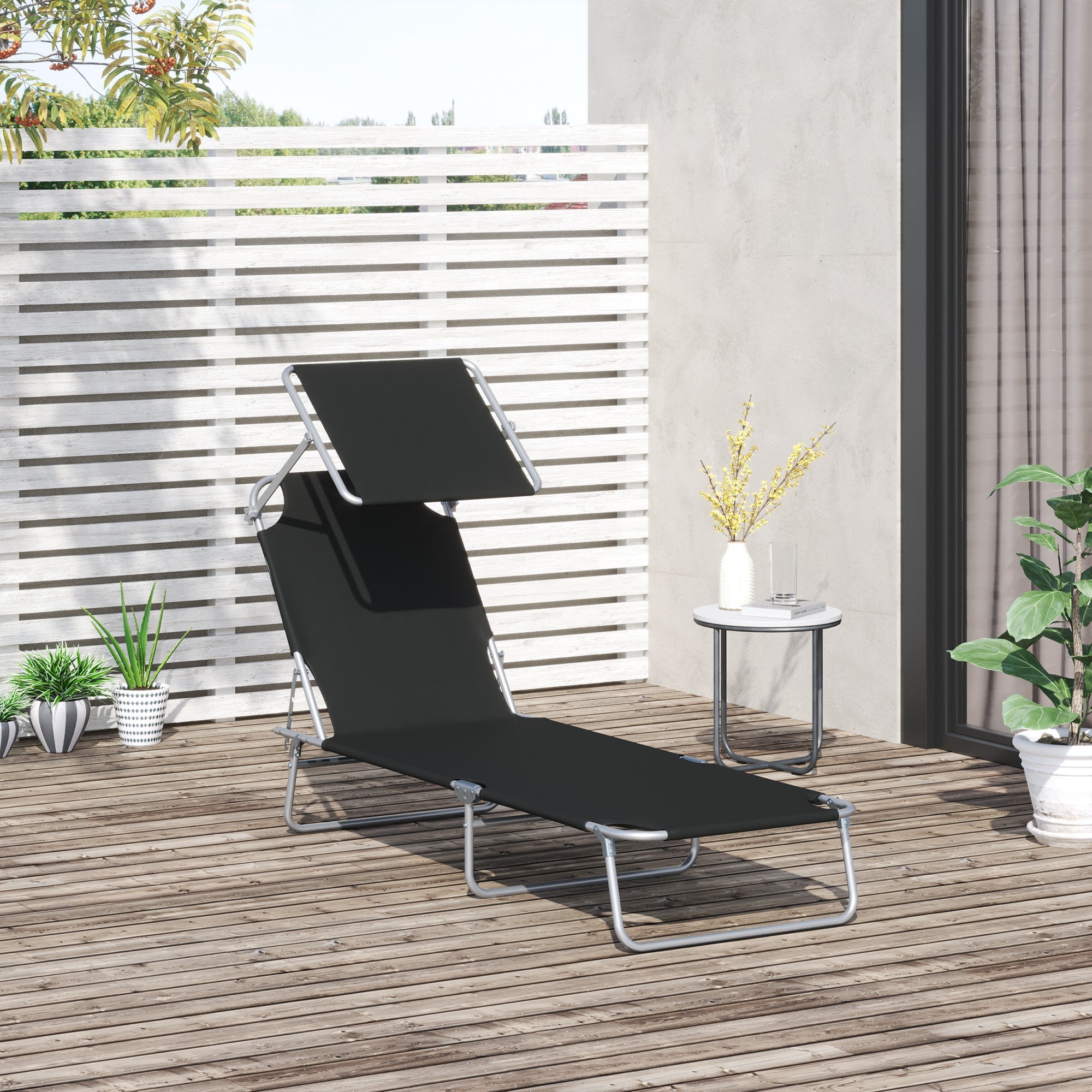 Outsunny Reclining Chair Folding Adjustable with Sun Shade Durable Outdoor Comfort Black 
