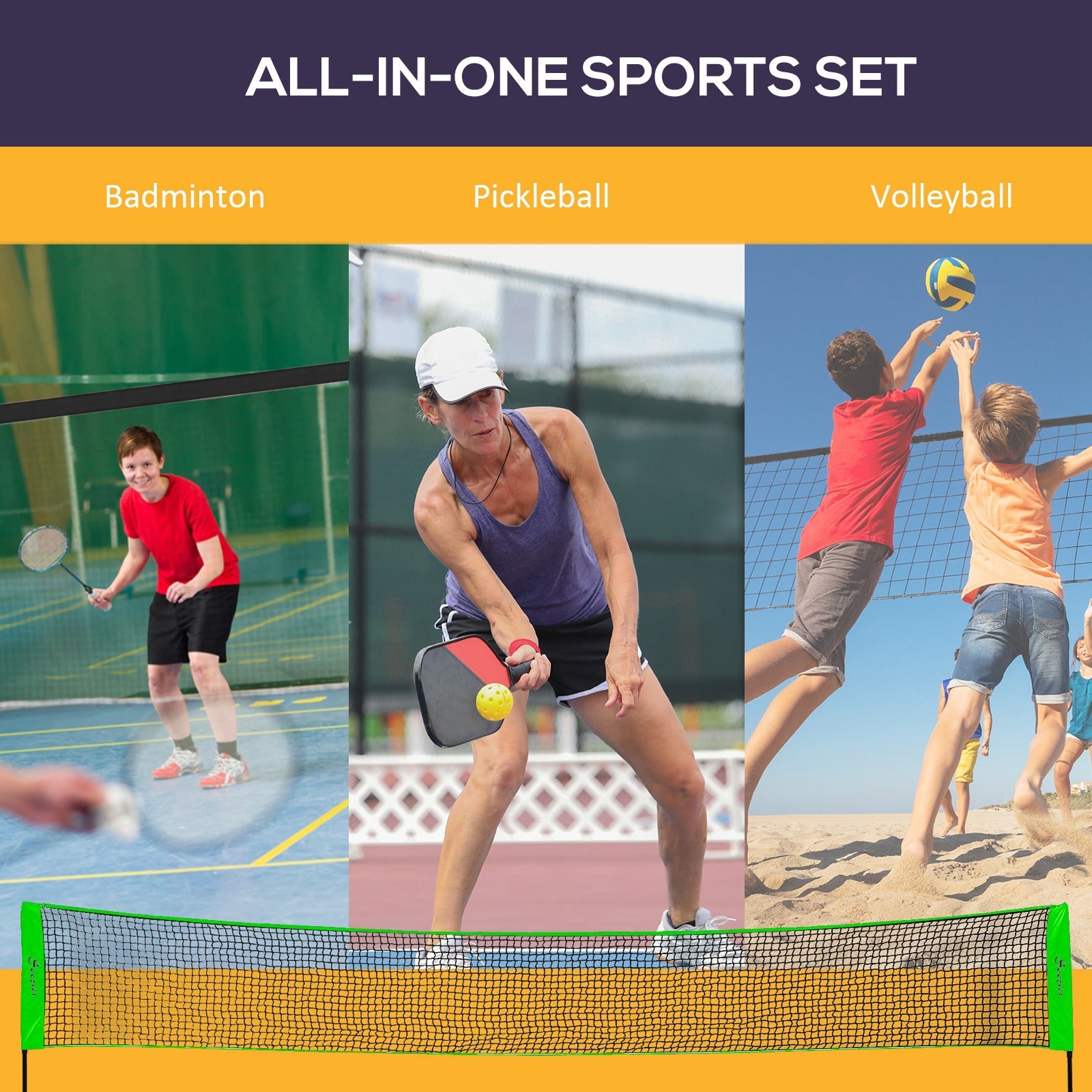 Soozier Portable Badminton Set, Pickleball Volleyball Net with 3 Shuttlecocks, 4 Rackets, for Indoor Outdoor, Beach, Backyard 